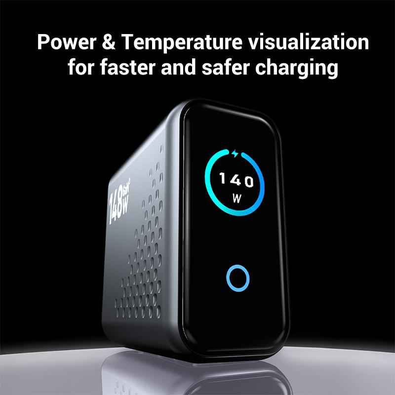 Uniqbuy For P3 148W USB-A and USB-C / Type-C Quad-Port AI Smart Display GaN Fast Charger(US Plug)