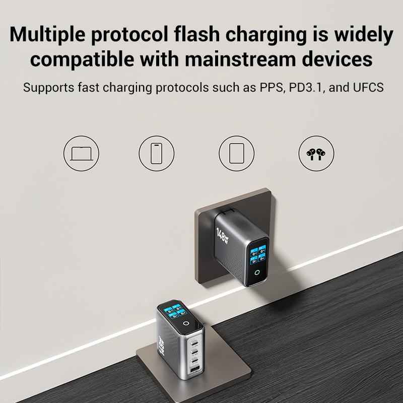 Uniqbuy For P3 148W USB-A and USB-C / Type-C Quad-Port AI Smart Display GaN Fast Charger(US Plug)