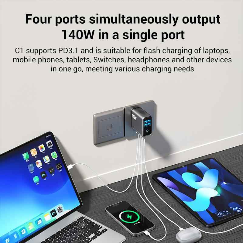 Uniqbuy For P3 148W USB-A and USB-C / Type-C Quad-Port AI Smart Display GaN Fast Charger(EU Plug)