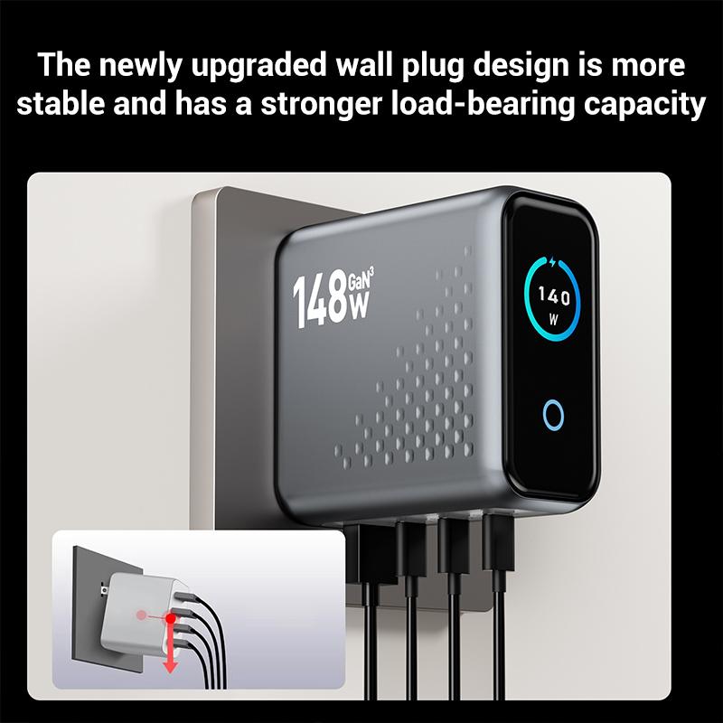 P3 148W USB-A and USB-C / Type-C Quad-Port AI Smart Display GaN Fast Charger(EU Plug)