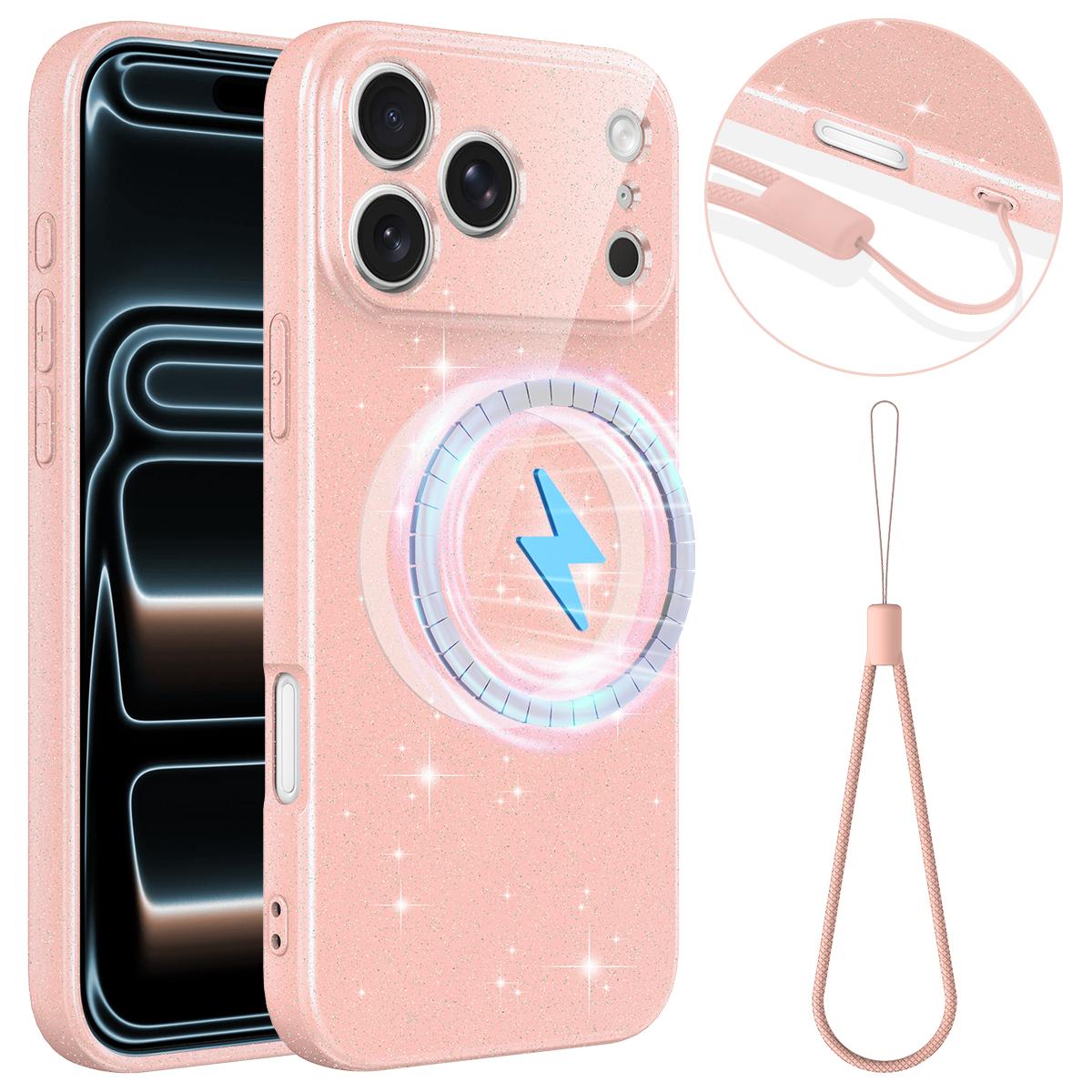 Compatible with iPhone 18 Pro Fine Hole Glossy Glitter Magnetic TPU Phone Case with Same Color Hand Strap - Pink