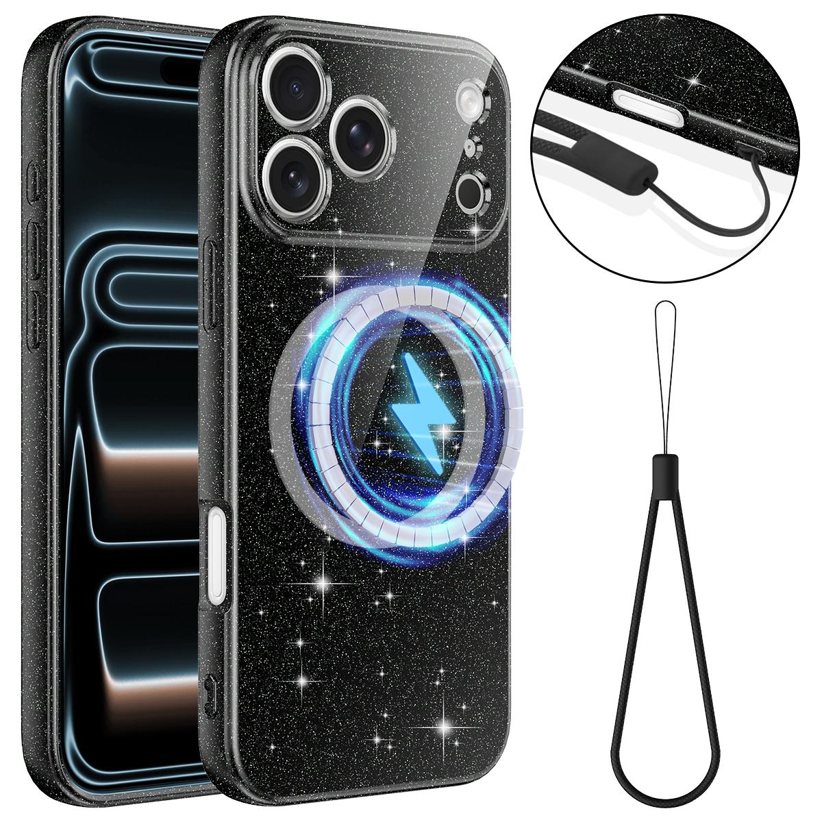 Compatible with iPhone 18 Pro Fine Hole Glossy Glitter Magnetic TPU Phone Case with Same Color Hand Strap - Black