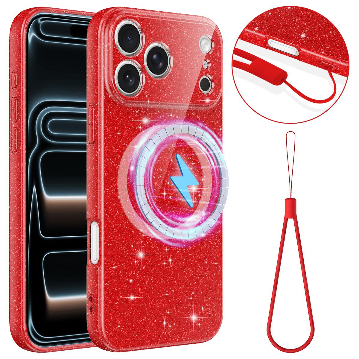 Compatible with iPhone 18 Pro Fine Hole Glossy Glitter Magnetic TPU Phone Case with Same Color Hand Strap - Red