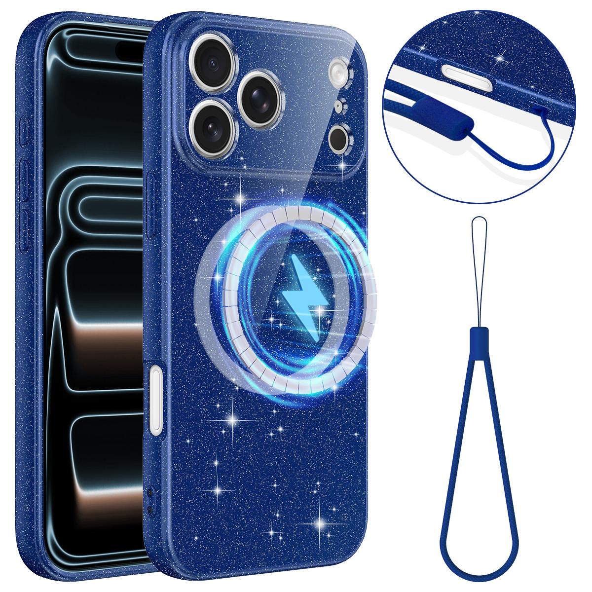 Compatible with iPhone 18 Pro Fine Hole Glossy Glitter Magnetic TPU Phone Case with Same Color Hand Strap - Blue