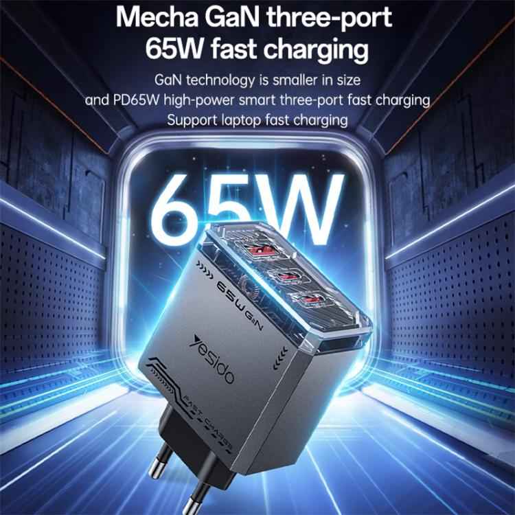 Yesido YC101 65W Mecha GaN Three-port Fast Charger, Plug:EU Plug(Black)