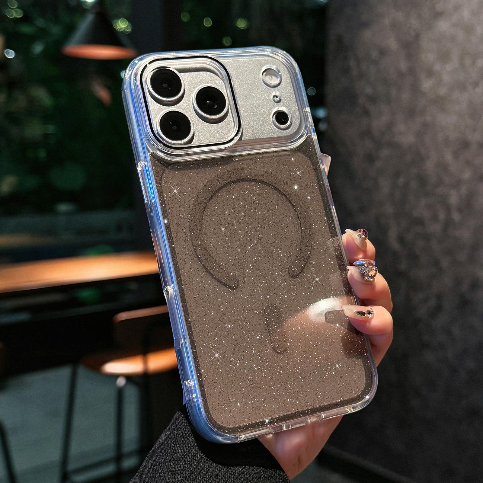 Compatible with iPhone 18 Pro Crystal Shimmer Acrylic Magnetic Phone Case - Black