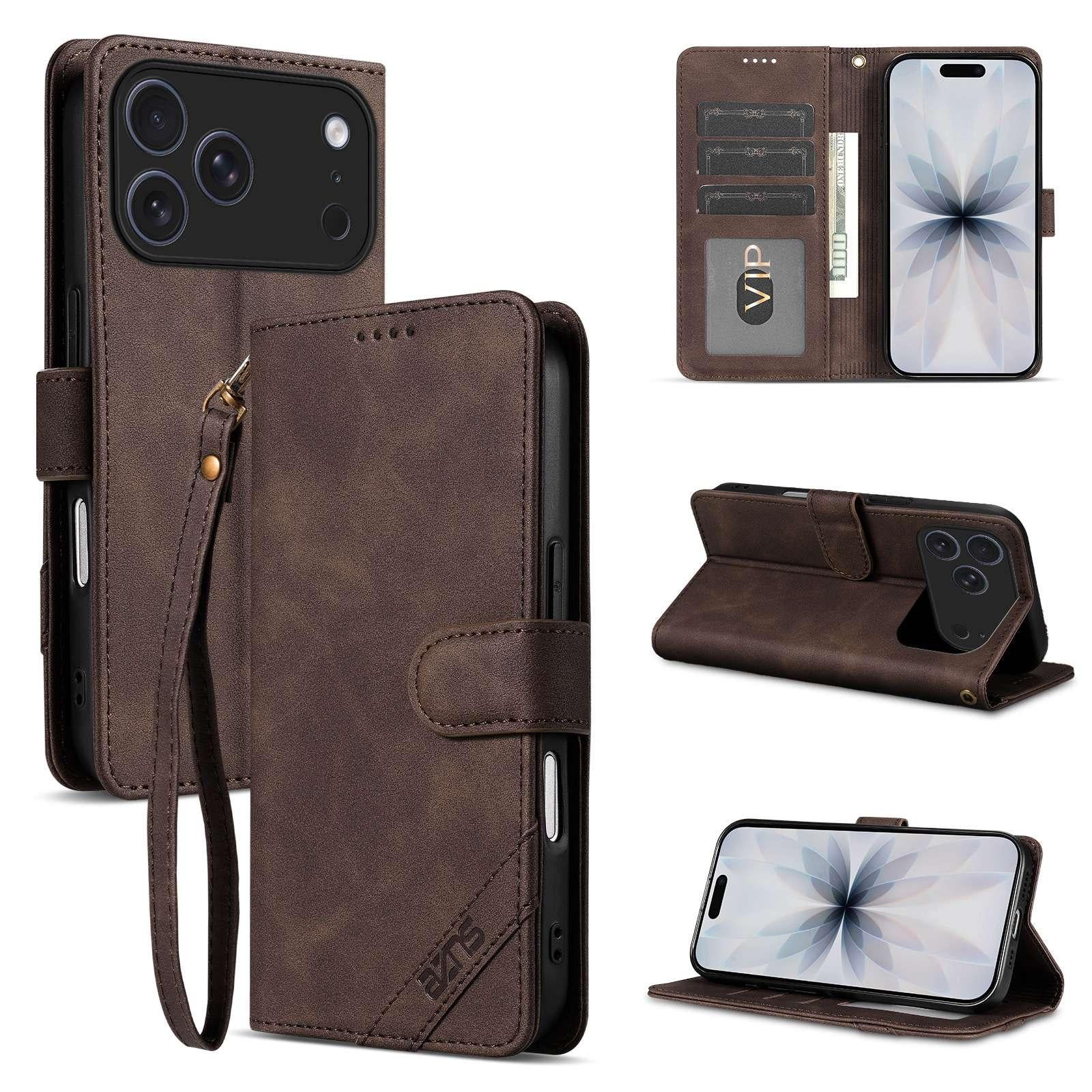 Compatible with iPhone 18 Pro AZNS A2 Series Tri-Card Wallet RFID Vegan Leather Phone Case with Strap - Brown