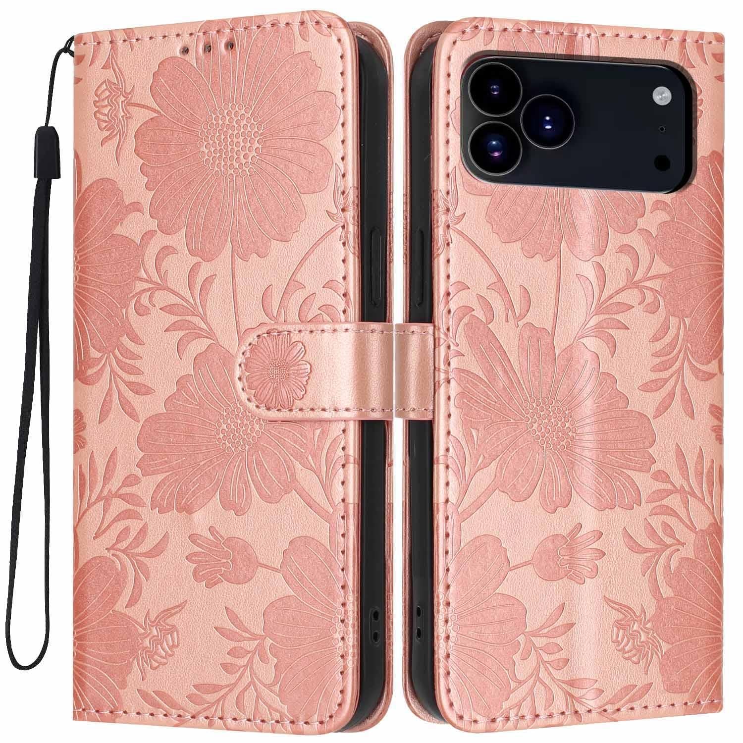 Compatible with iPhone 18 Pro Sunflower Embossed Vegan Leather Phone Case with Small Black Rope - Rose Gold