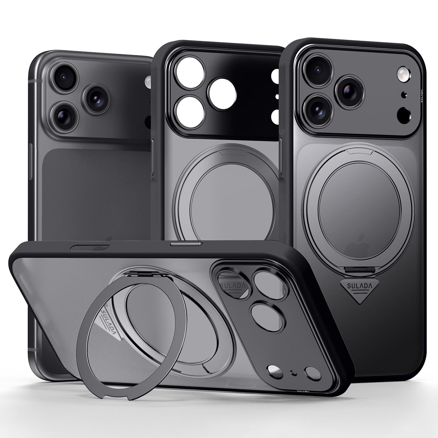 Compatible with iPhone 18 Pro SULADA TransCompatible withms Into 17 Pro Semi-Transparent Matte Rotation Magnetic Holder Phone Case - Black