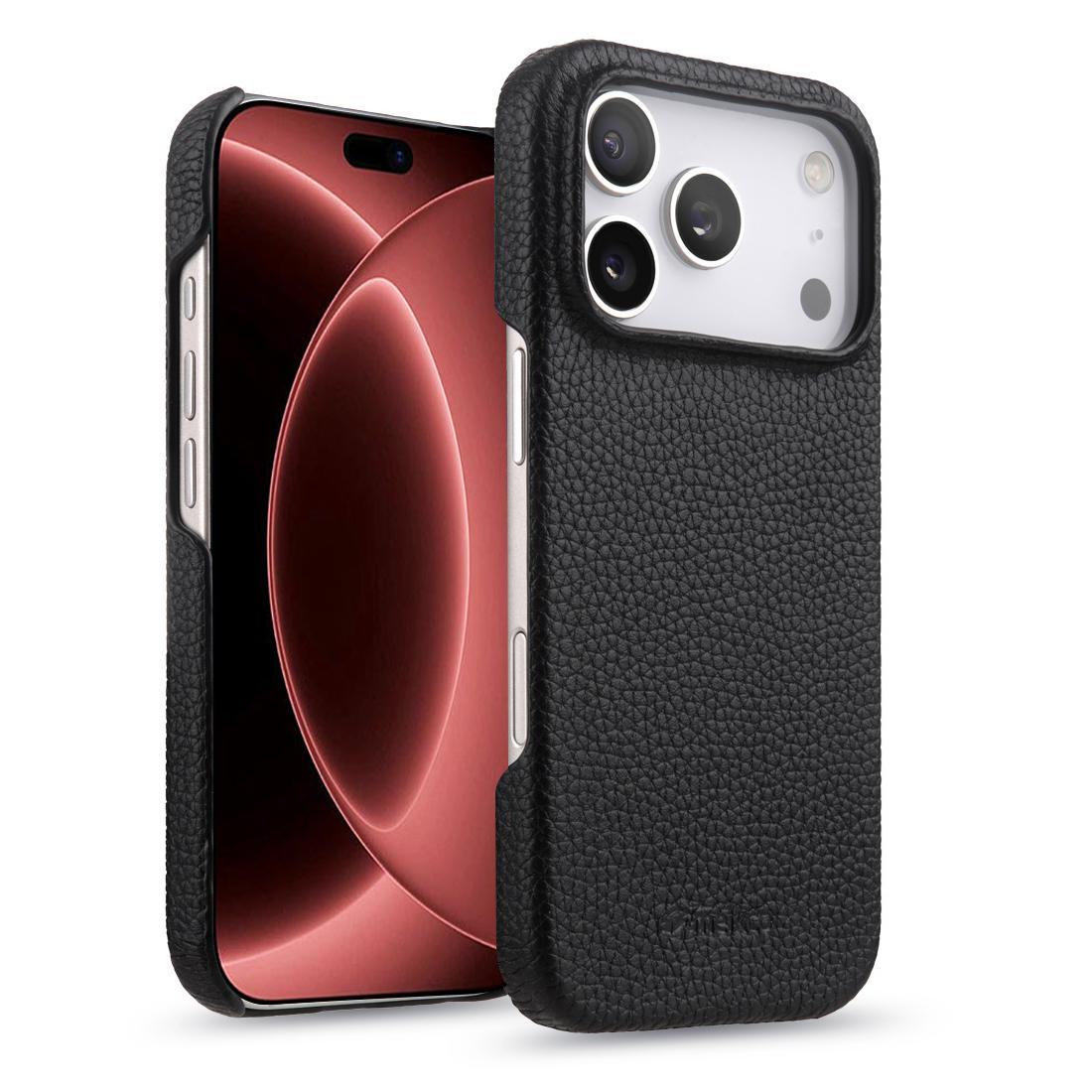 Compatible with iPhone 18 Pro melkco Litchi Texture Magnetic Half Coverage  Leather Phone Case - Black
