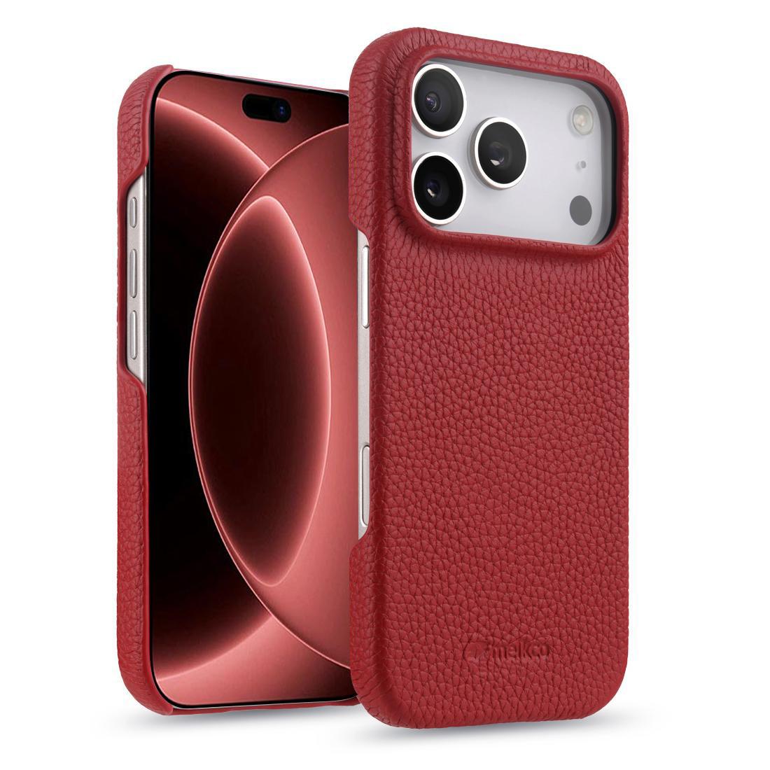 Compatible with iPhone 18 Pro melkco Litchi Texture Magnetic Half Coverage  Leather Phone Case - Red