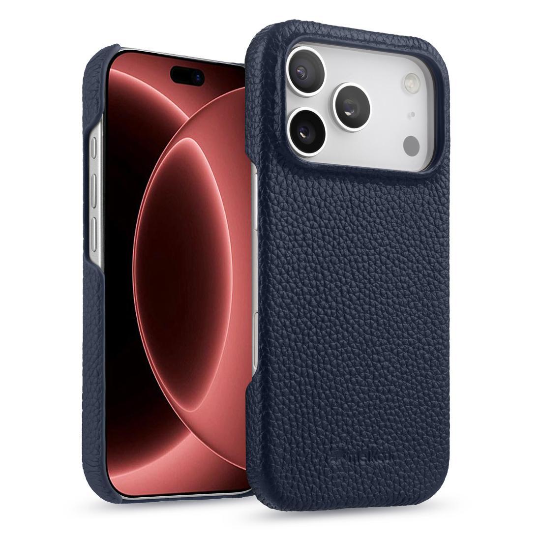 Compatible with iPhone 18 Pro melkco Litchi Texture Magnetic Half Coverage  Leather Phone Case - Dark Blue