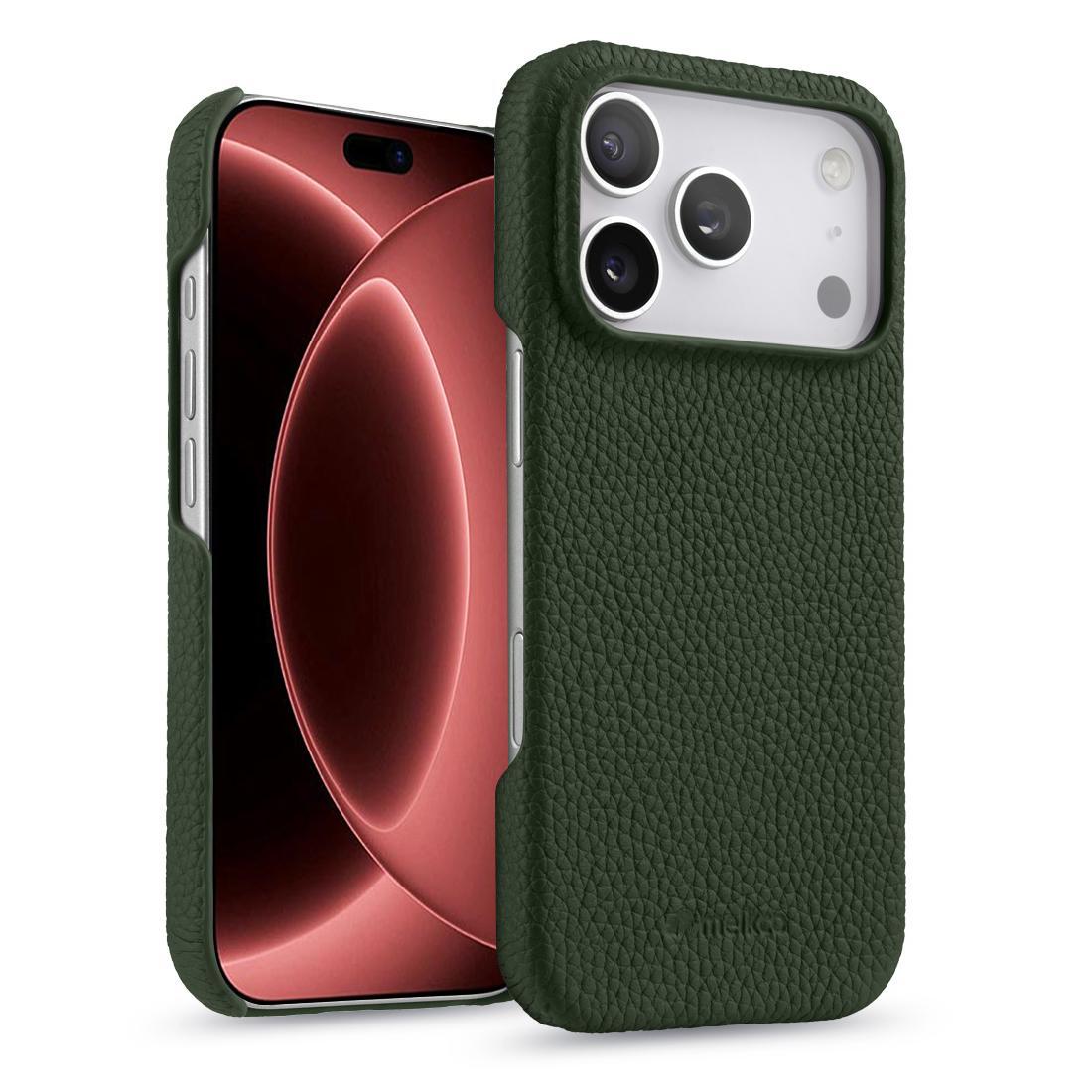 Compatible with iPhone 18 Pro melkco Litchi Texture Magnetic Half Coverage  Leather Phone Case - Dark Green