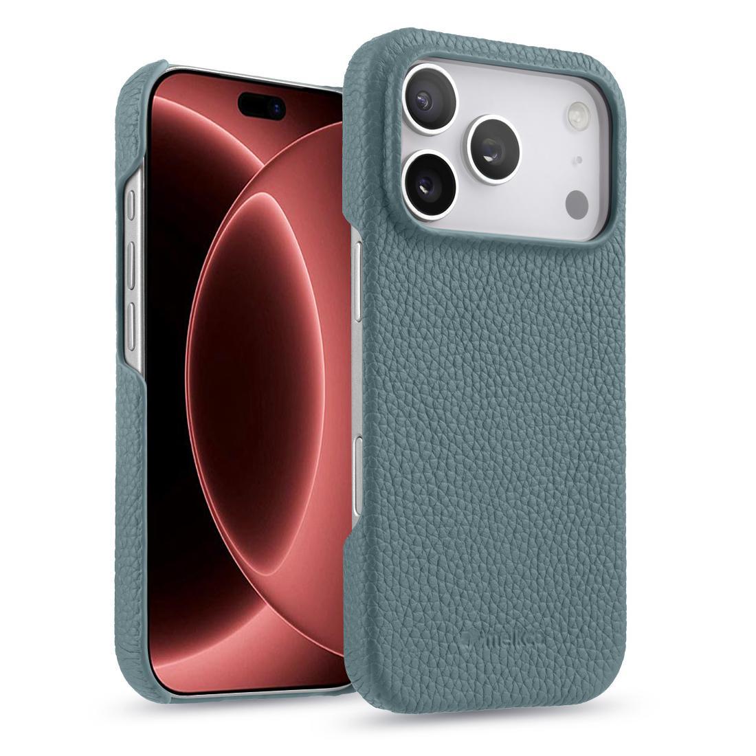 Compatible with iPhone 18 Pro melkco Litchi Texture Magnetic Half Coverage  Leather Phone Case - Light Blue