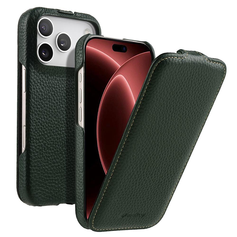 Compatible with iPhone 18 Pro melkco Litchi Texture Vertical Flip Magnetic  Leather Phone Case - Dark Green