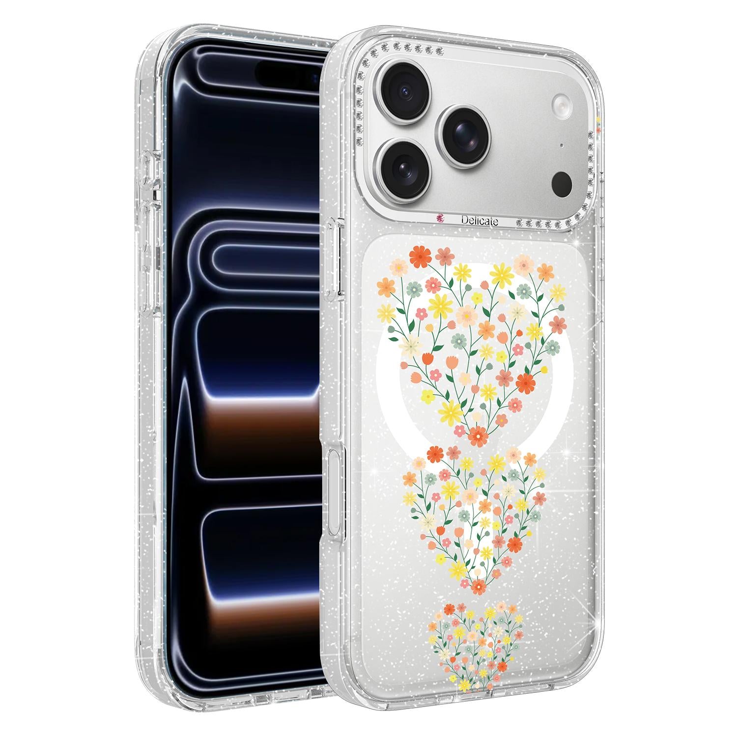 Compatible with iPhone 18 Pro Flower Pattern IMD Glitter Magnetic Phone Case - Heart-shaped Flower Clusters