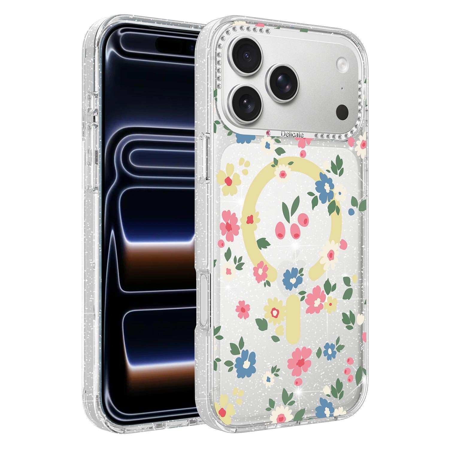 Compatible with iPhone 18 Pro Flower Pattern IMD Glitter Magnetic Phone Case - Rainbow Flower Field