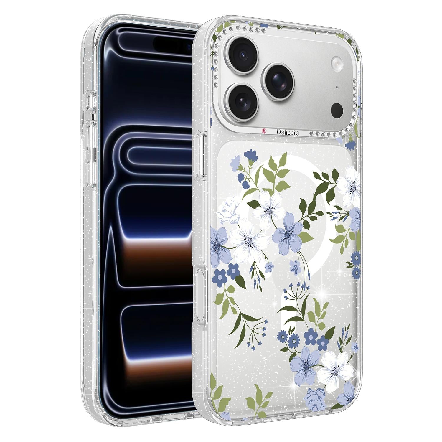 Compatible with iPhone 18 Pro Flower Pattern IMD Glitter Magnetic Phone Case - Bluebell Flower