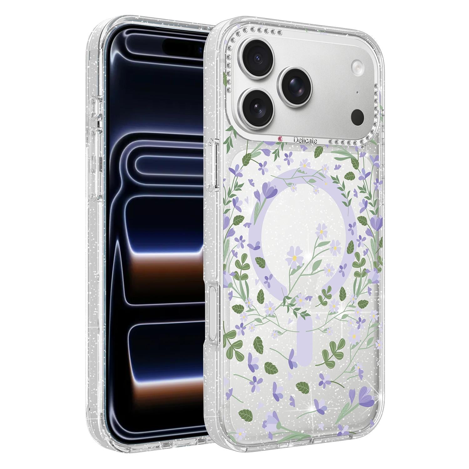 Compatible with iPhone 18 Pro Flower Pattern IMD Glitter Magnetic Phone Case - Purple Ivy