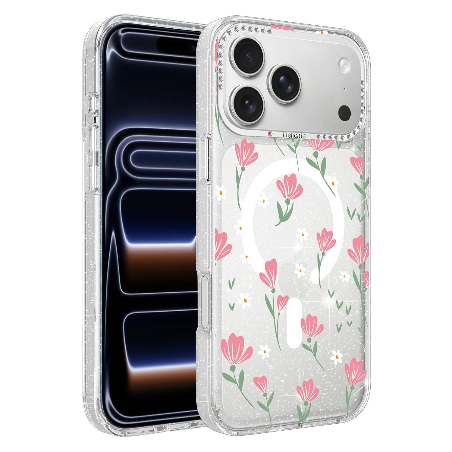 Compatible with iPhone 18 Pro Flower Pattern IMD Glitter Magnetic Phone Case - Cherry Blossom Bouquet
