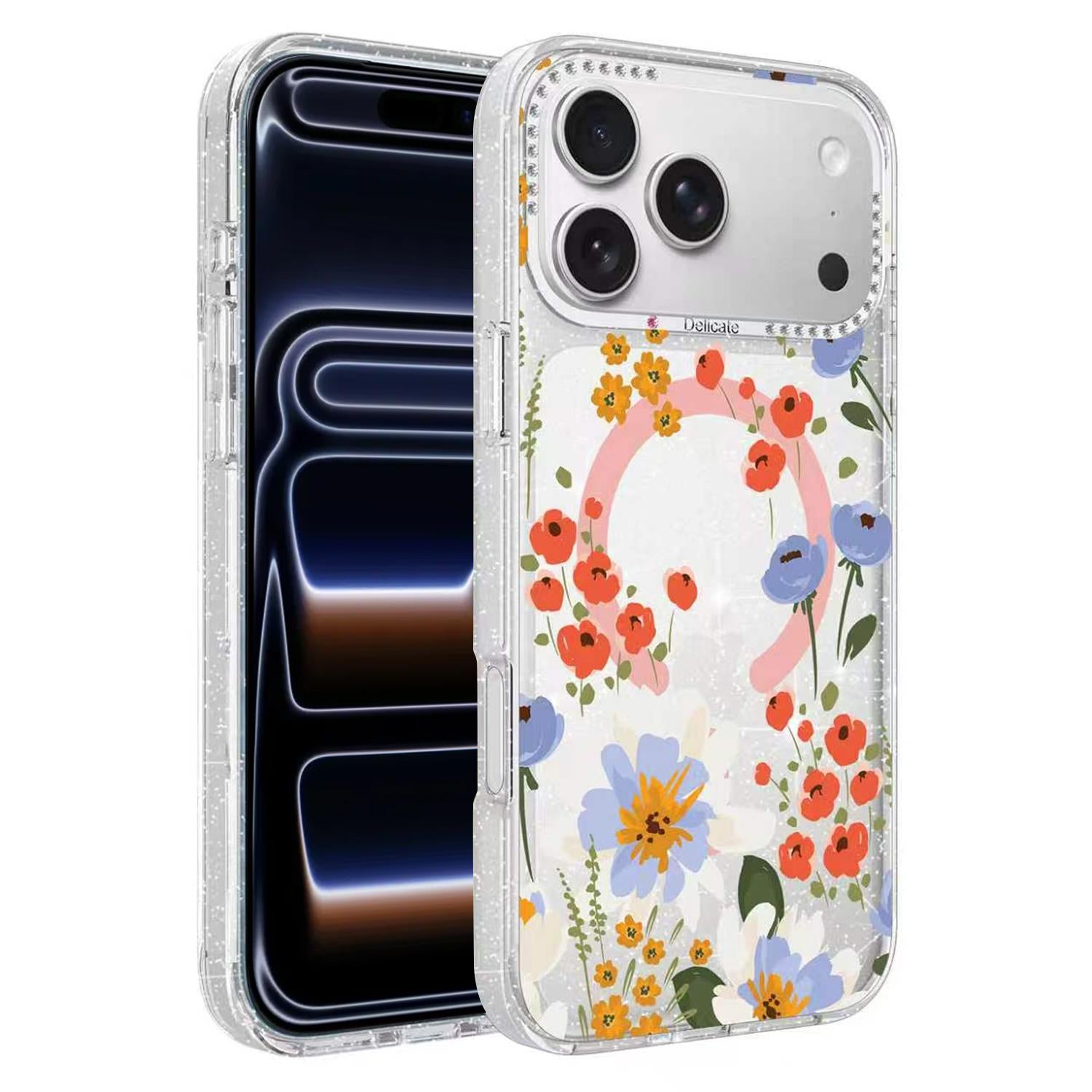 Compatible with iPhone 18 Pro Flower Pattern IMD Glitter Magnetic Phone Case - Warm Orange Blossom