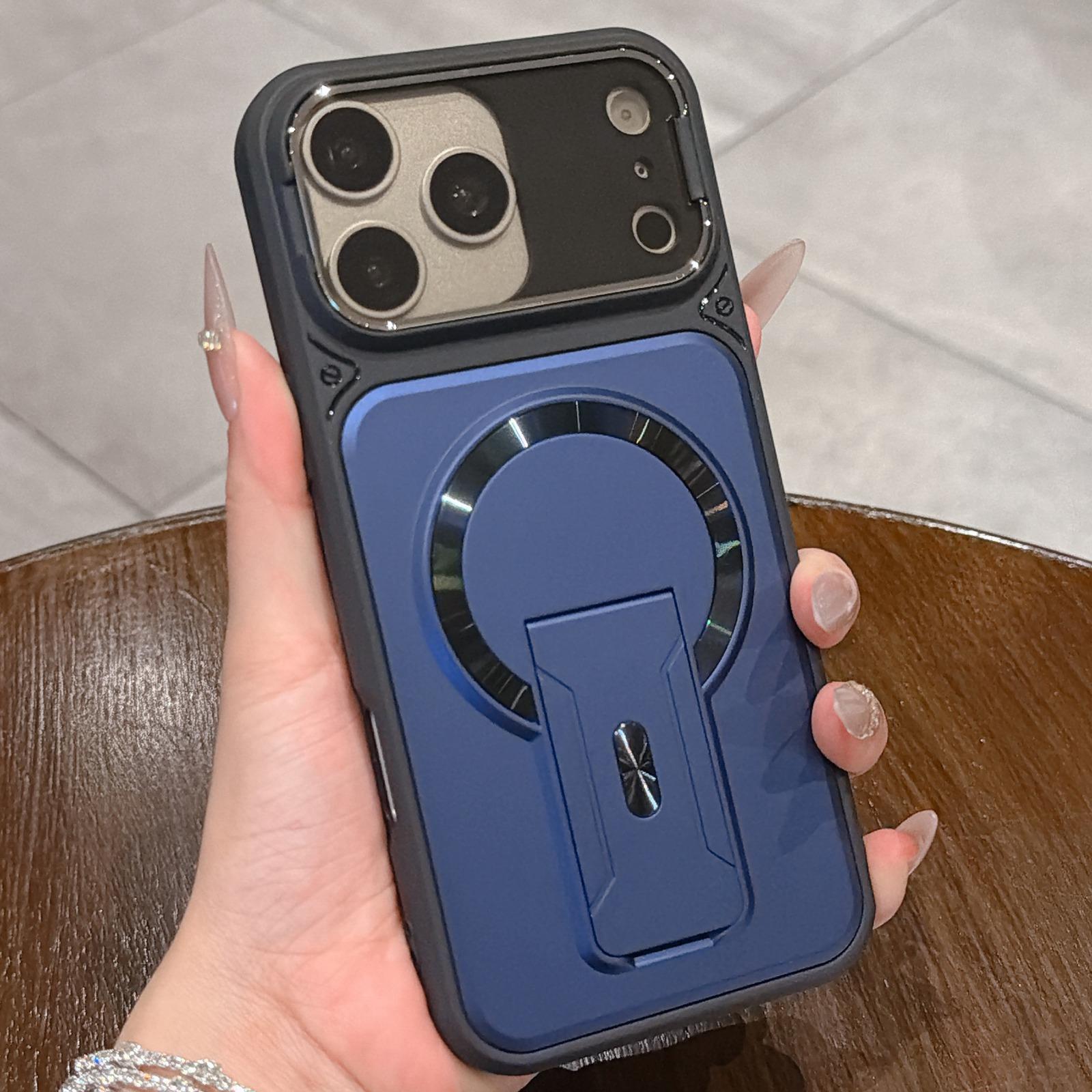 Compatible with iPhone 18 Pro Shockproof Lens Cover Magnetic Phone Case with Hidden Holder - Blue