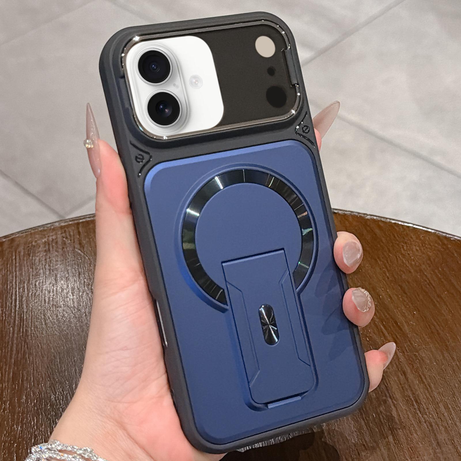 Compatible with iPhone 18 Shockproof Lens Cover Magnetic Phone Case with Hidden Holder - Blue
