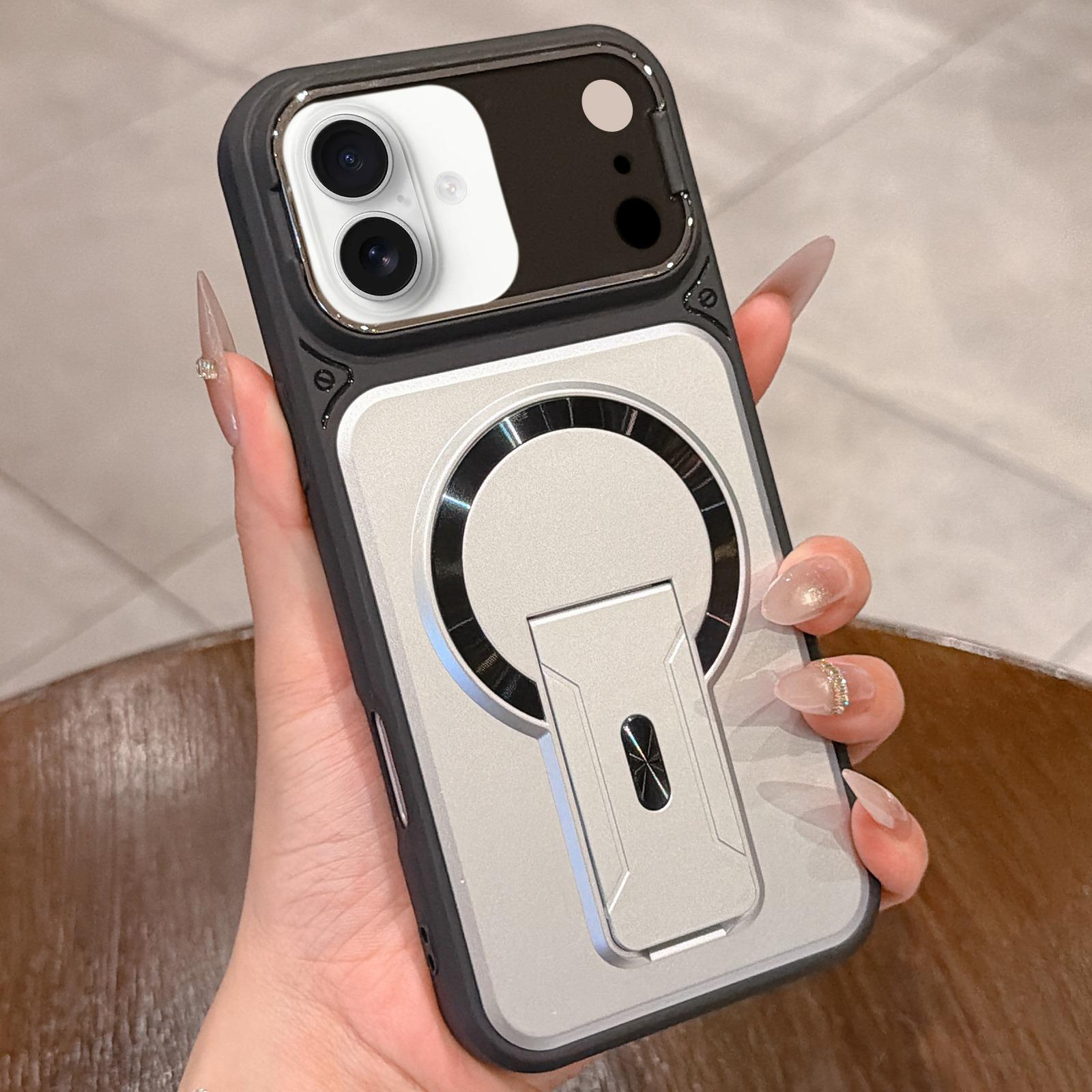 Compatible with iPhone 18 Shockproof Lens Cover Magnetic Phone Case with Hidden Holder - Silver