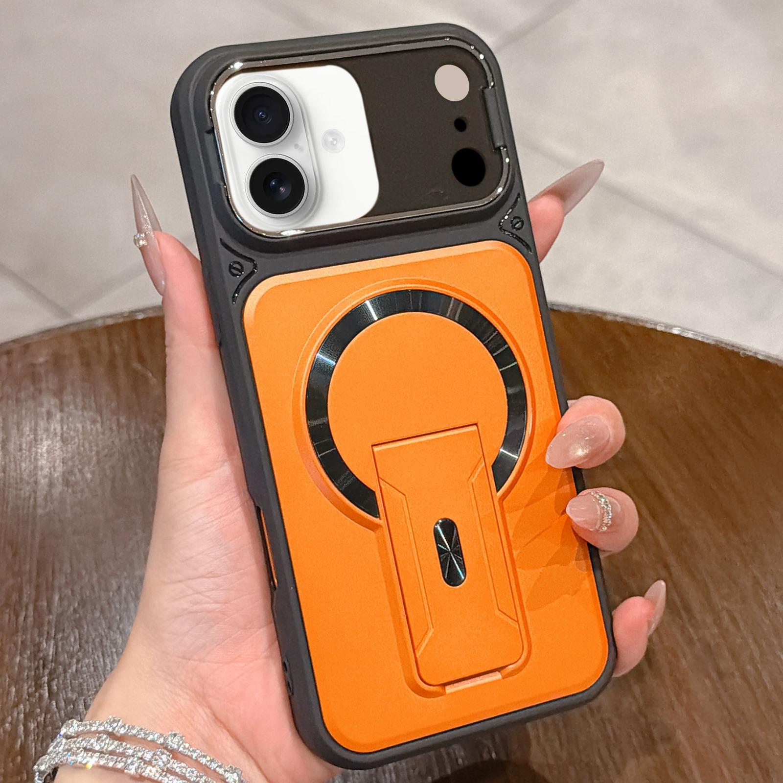 Compatible with iPhone 18 Shockproof Lens Cover Magnetic Phone Case with Hidden Holder - Orange