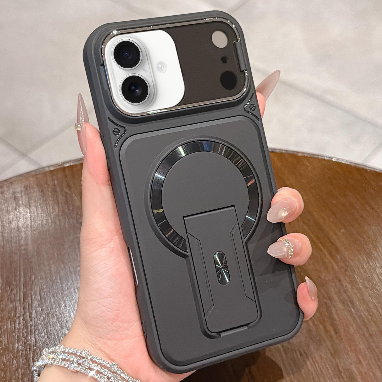 Compatible with iPhone 18 Shockproof Lens Cover Magnetic Phone Case with Hidden Holder - Black