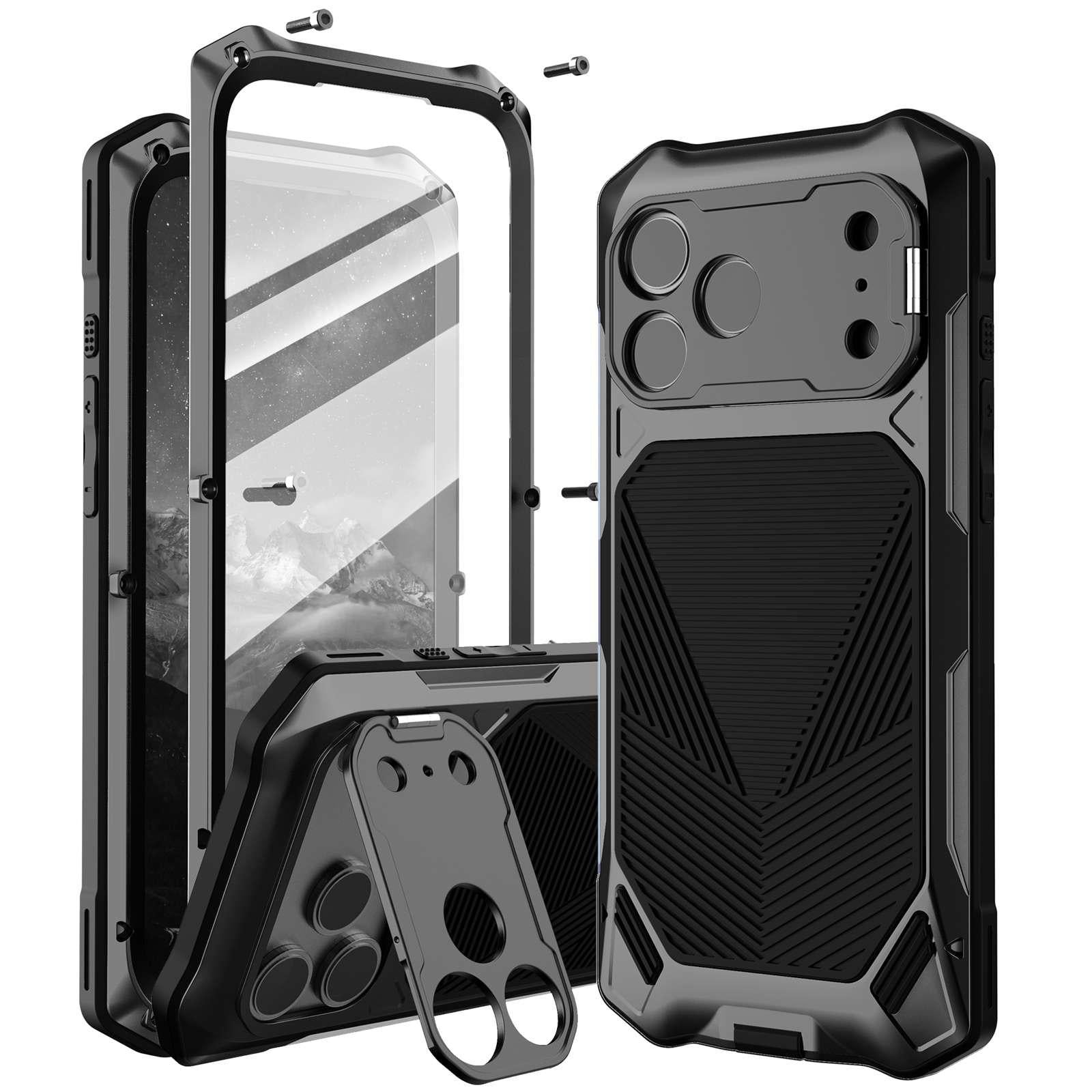 Compatible with iPhone 18 Pro Metal Armor Construction IP65 Waterproof Magnetic Phone Case - Black