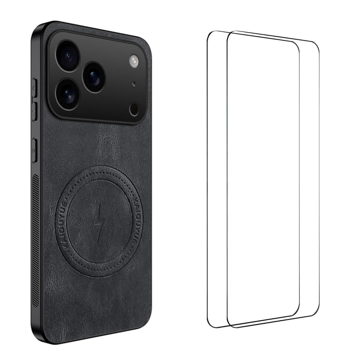 Compatible with iPhone 18 Pro WANLONFENG Nappa Texture Magnetic Phone Case with 2pcs Screen Films - Black