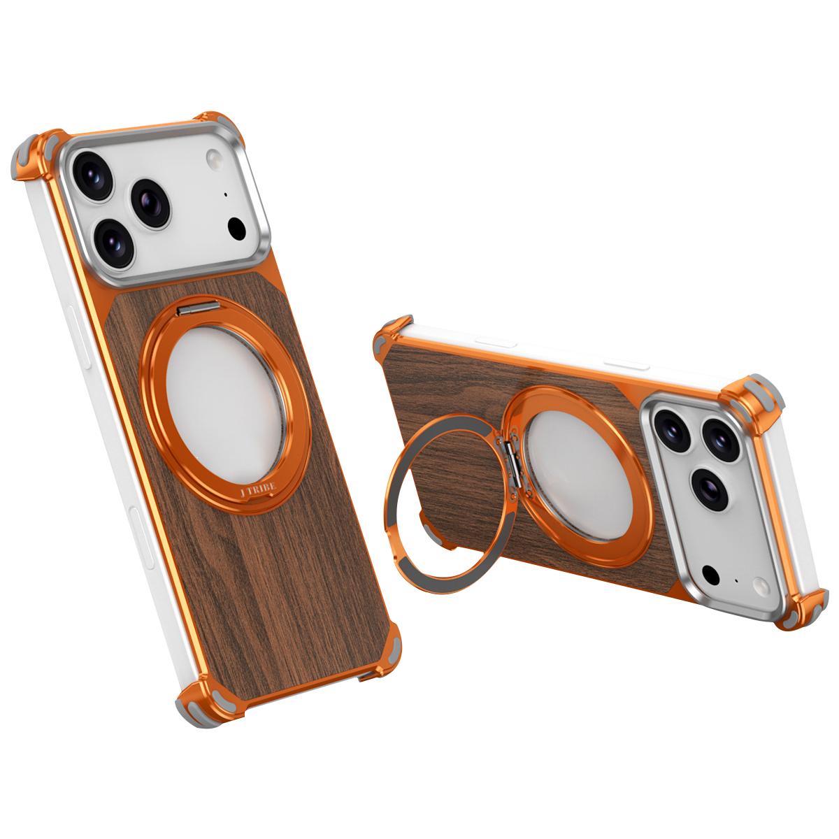 Compatible with iPhone 18 Pro & 17 Pro Walnut Wood Frameless Hollow Magnetic Phone Case with Rotating Holder - Orange