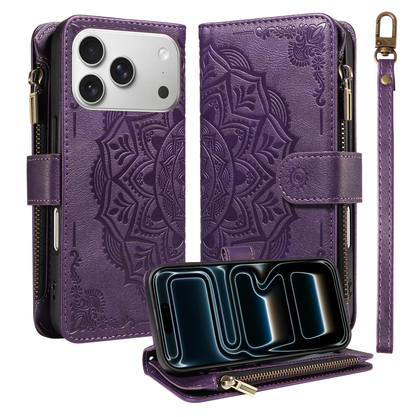 Compatible with iPhone 18 Pro & 17 Pro Mandala Embossed 9-Card Zipper RFID Vegan Leather Phone Case with Short Lanyard - Purple