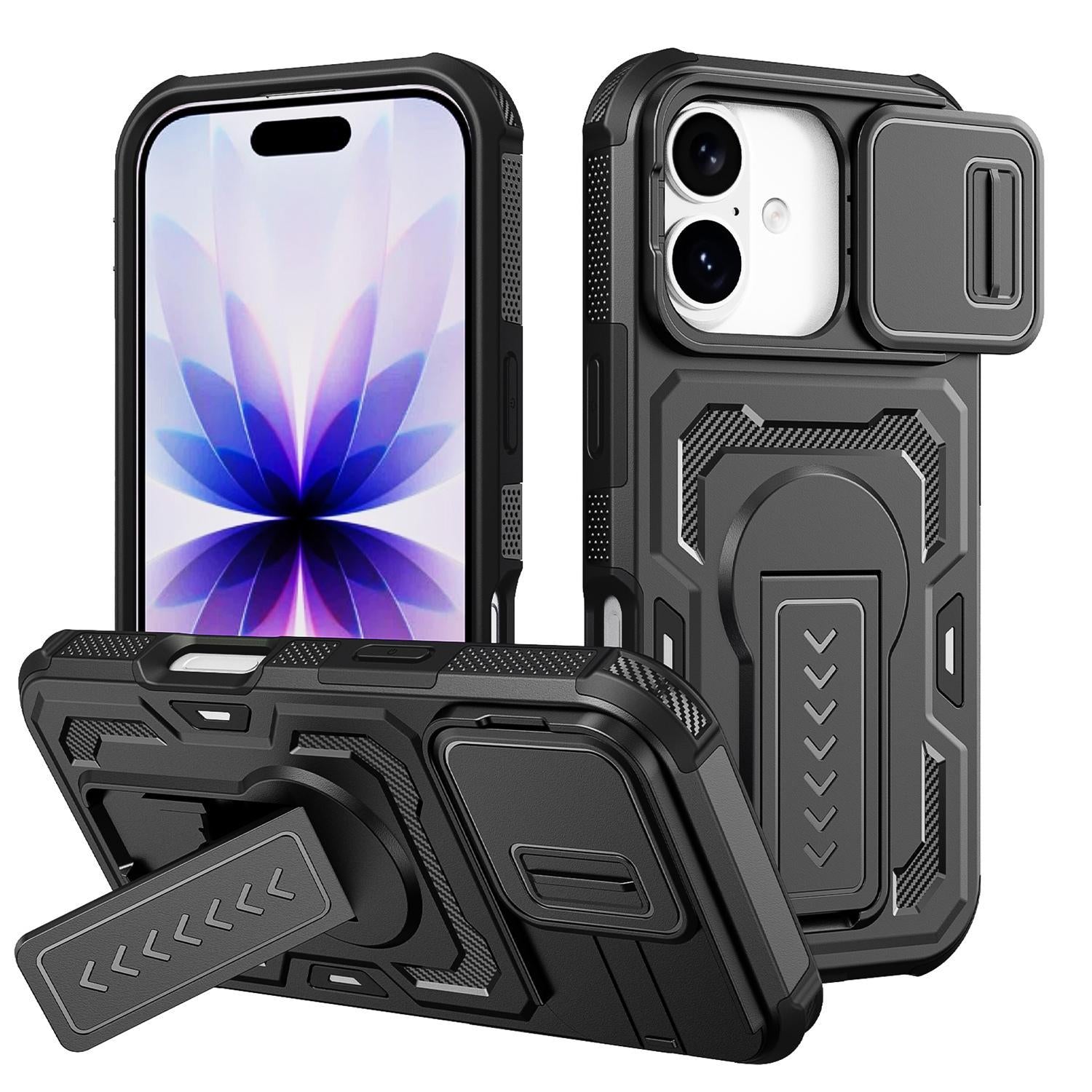 Compatible with iPhone 18 Slid Camera Shield Invisible Holder PC Dual-Layer TPU Phone Case - Black