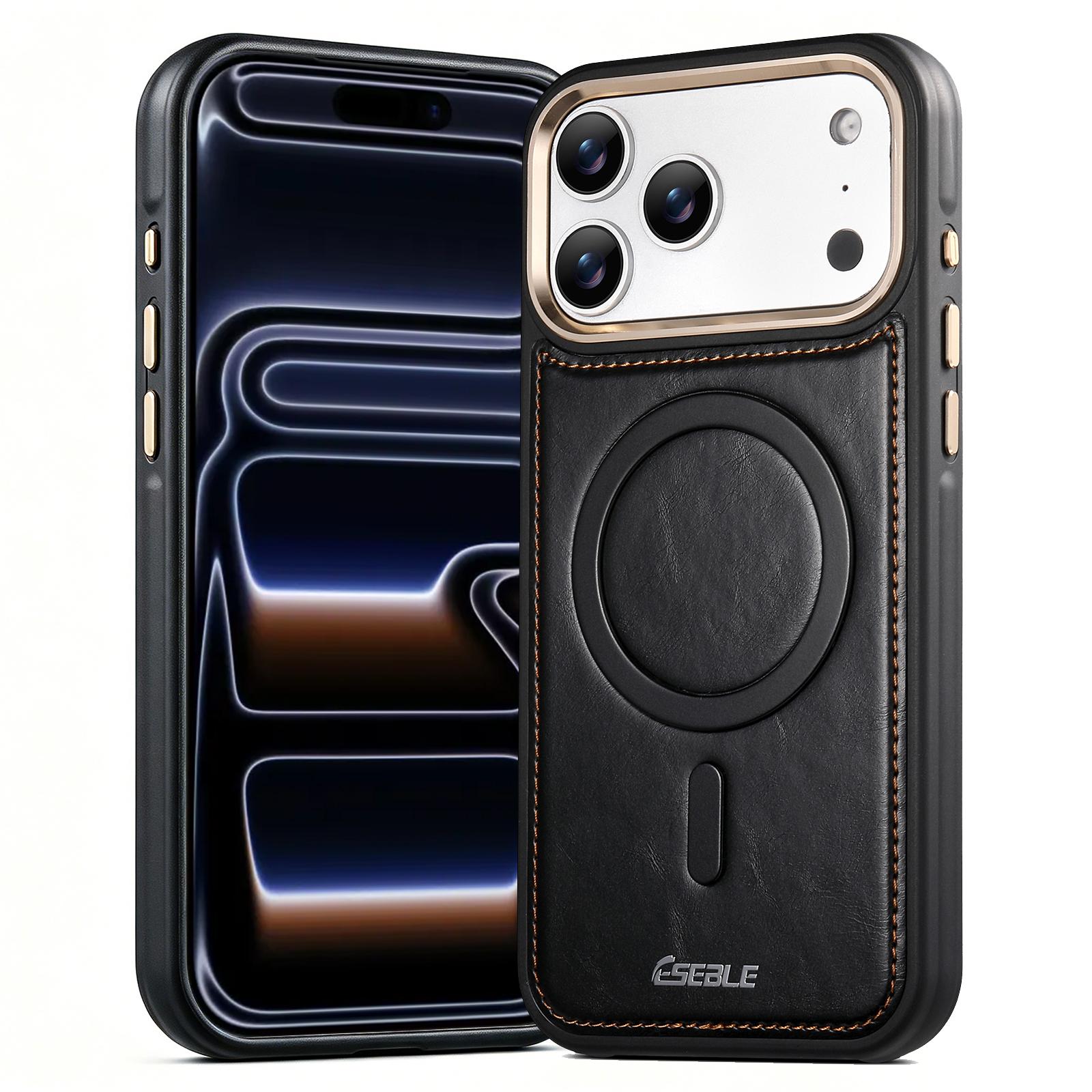 Compatible with iPhone 18 Pro & 17 Pro ESEBLE Crazy Horse Pattern Airbag Shockproof Magnetic Phone Case - Black