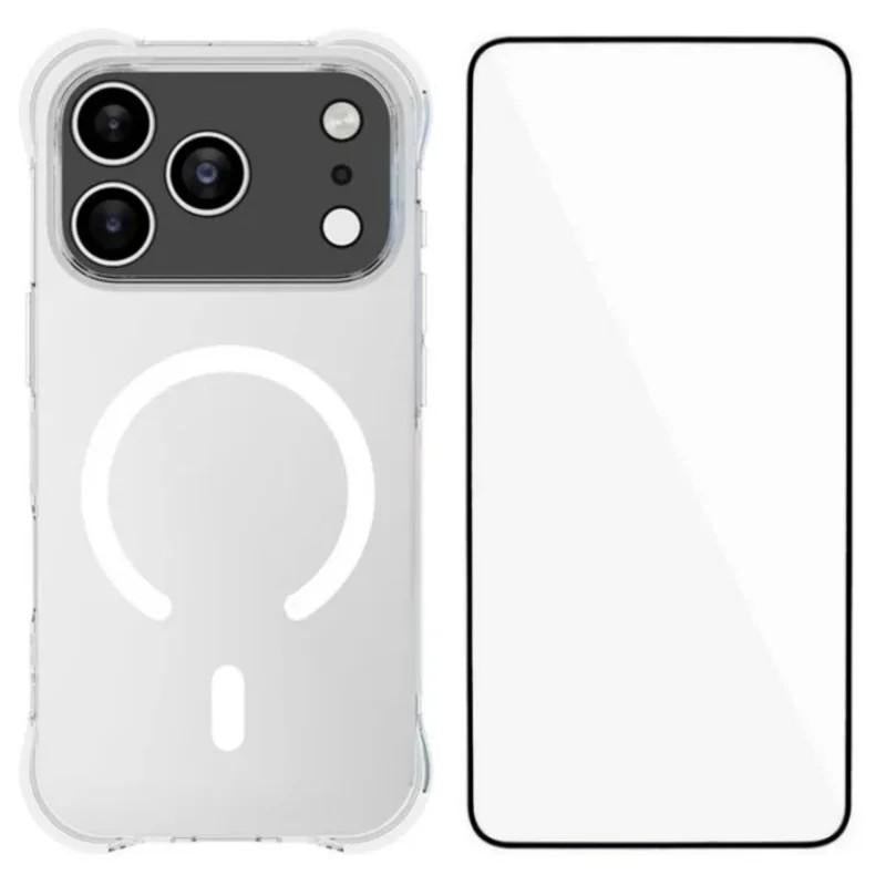 Compatible with iPhone 18 Pro WANLONFENG Transparent Magnetic Four-Corner Shockproof TPU Phone Case with Screen Film - Transparent