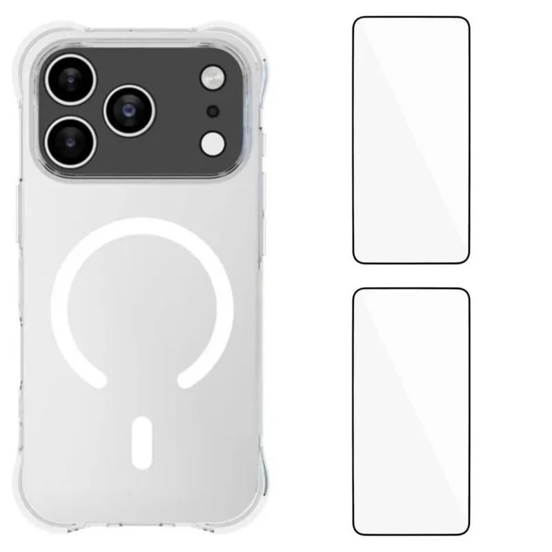 Compatible with iPhone 18 Pro WANLONFENG Transparent Magnetic Four-Corner Shockproof TPU Phone Case with 2pcs Screen Films - Transparent