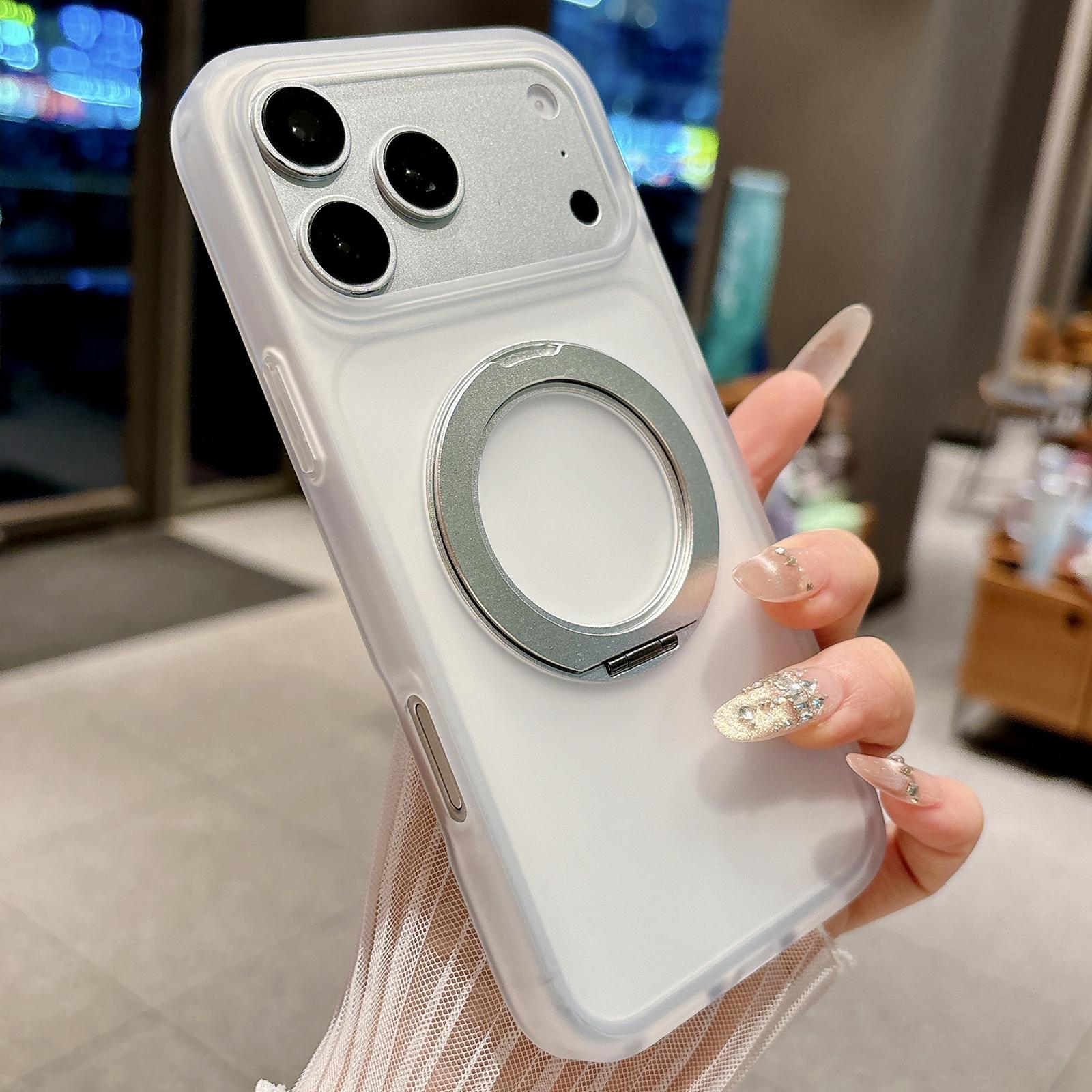 Compatible with iPhone 18 Pro Skin Feel 360 Degrees Rotating Holder PC Dual-Layer TPU Magnetic Phone Case - White
