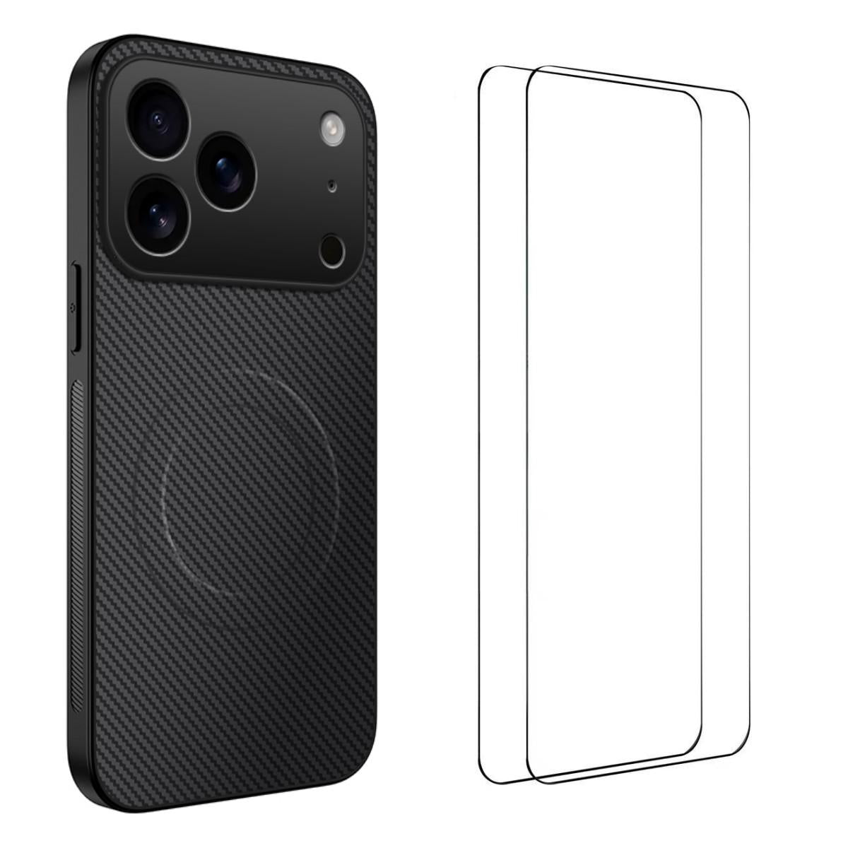 Compatible with iPhone 18 Pro WANLONFENG TQ1 Series Magnetic Carbon Fiber Texture Phone Case with 2pcs Screen Films - Black
