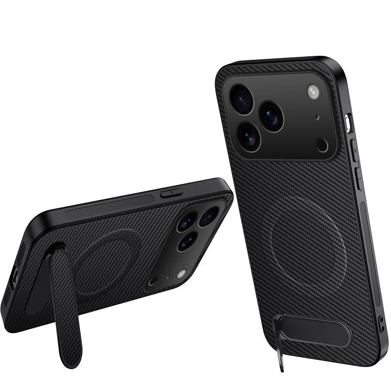 Compatible with iPhone 18 Pro WANLONFENG Kickstand Carbon Fiber Texture Magnetic Phone Case - Black