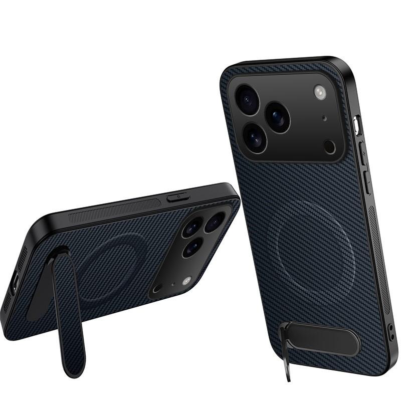 Compatible with iPhone 18 Pro WANLONFENG Kickstand Carbon Fiber Texture Magnetic Phone Case - Sapphire Blue