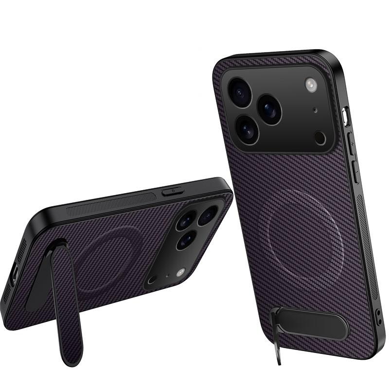 Compatible with iPhone 18 Pro WANLONFENG Kickstand Carbon Fiber Texture Magnetic Phone Case - Purple