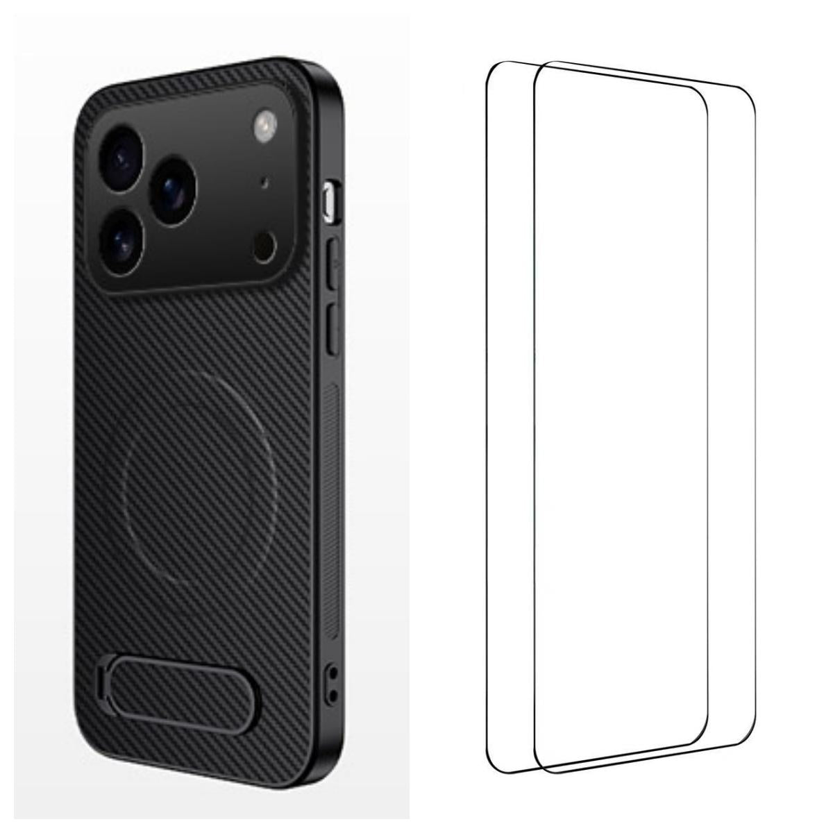 Compatible with iPhone 18 Pro WANLONFENG Kickstand Carbon Fiber Texture Magnetic Phone Case with 2pcs Screen Films - Black