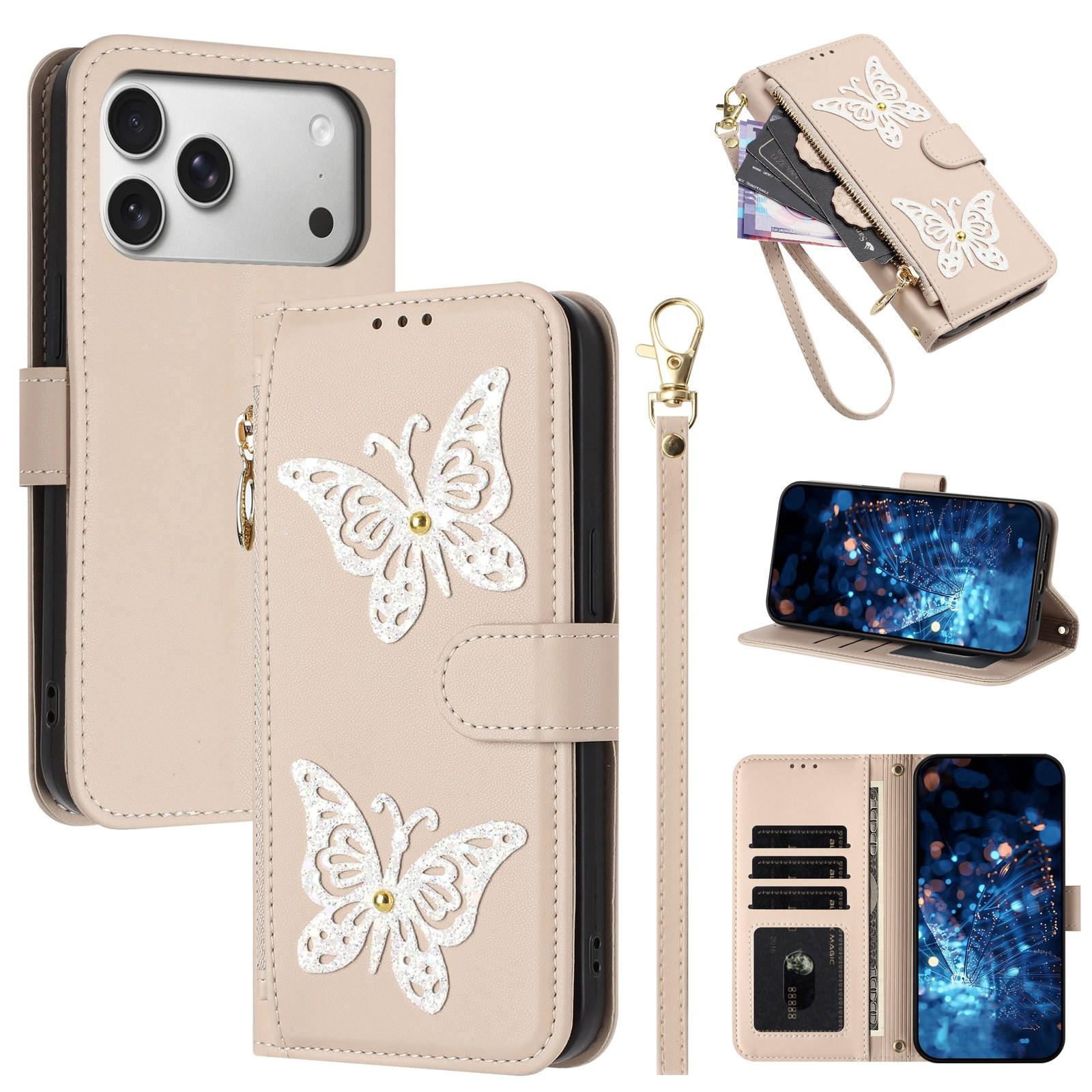 Compatible with iPhone 18 Pro & 17 Pro Glitter Butterfly Zipper Vegan Leather Phone Case with Wrist Strap - Apricot