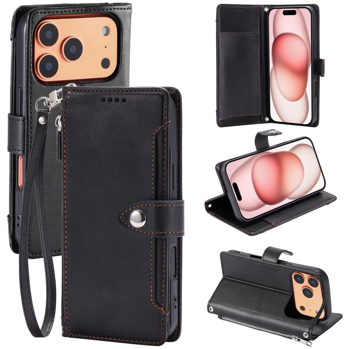 Compatible with iPhone 18 Pro & 17 Pro Litchi Texture Zipper Wallet Buckle Vegan Leather Phone Case with Wrist Strap - Black