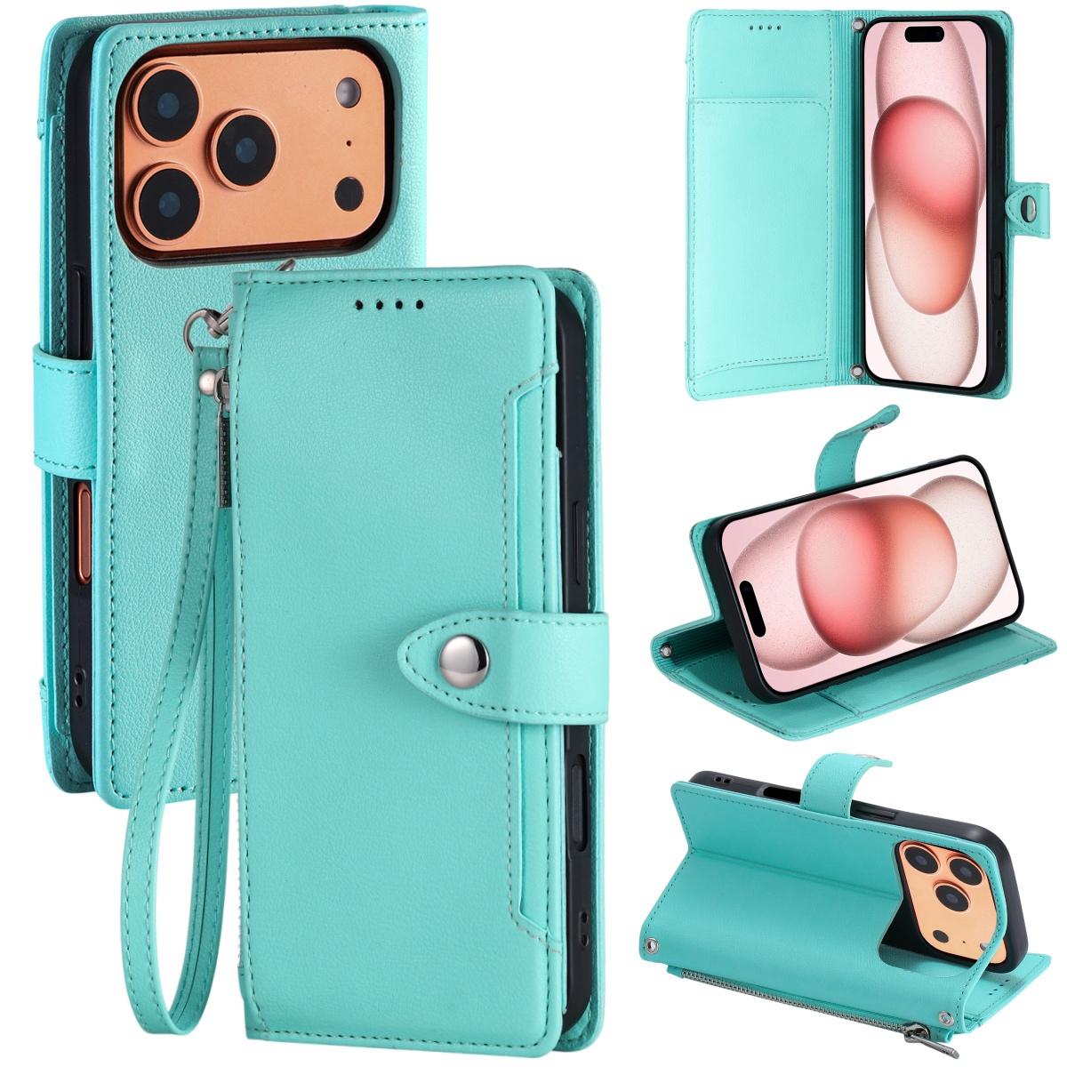 Compatible with iPhone 18 Pro & 17 Pro Litchi Texture Zipper Wallet Buckle Vegan Leather Phone Case with Wrist Strap - Lake Blue