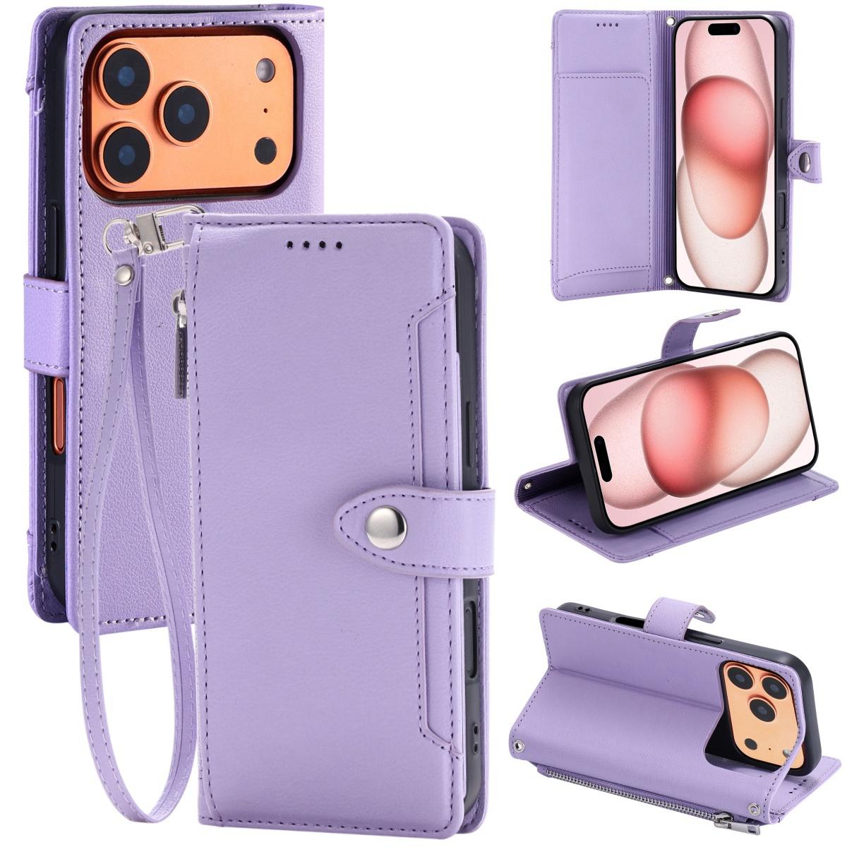 Compatible with iPhone 18 Pro & 17 Pro Litchi Texture Zipper Wallet Buckle Vegan Leather Phone Case with Wrist Strap - Purple
