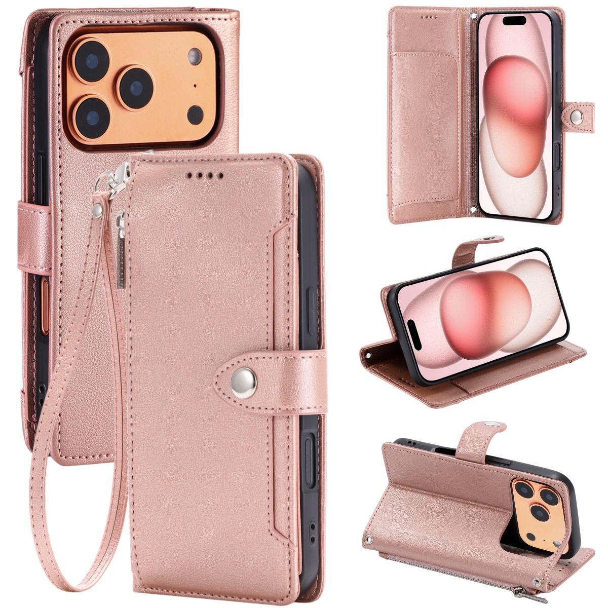 Compatible with iPhone 18 Pro & 17 Pro Litchi Texture Zipper Wallet Buckle Vegan Leather Phone Case with Wrist Strap - Rose Gold