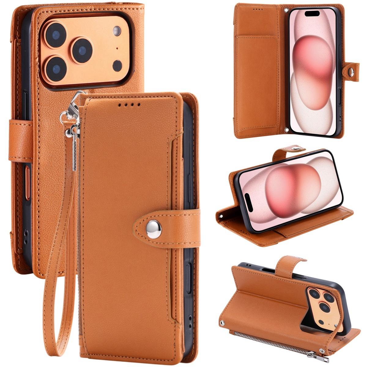 Compatible with iPhone 18 Pro & 17 Pro Litchi Texture Zipper Wallet Buckle Vegan Leather Phone Case with Wrist Strap - Brown